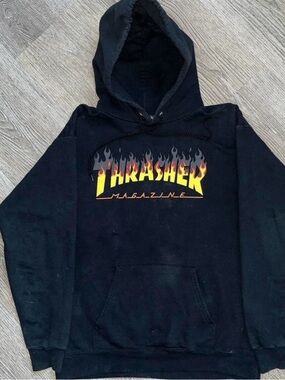 Thrasher Black Hoodie with Yellow & Red Flame Logo